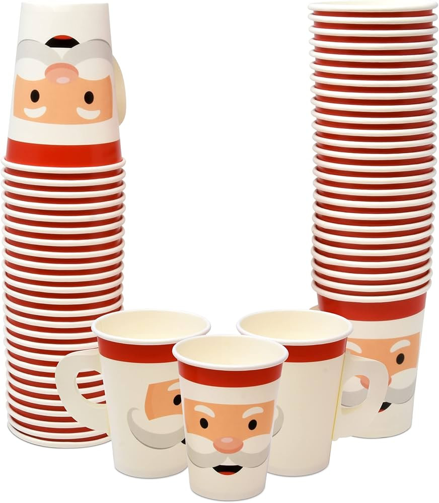 50 Pack Disposable Paper Christmas Cups with Handles 9 oz. Santa Face Dinner Drinking Cup Winter ... | Amazon (US)