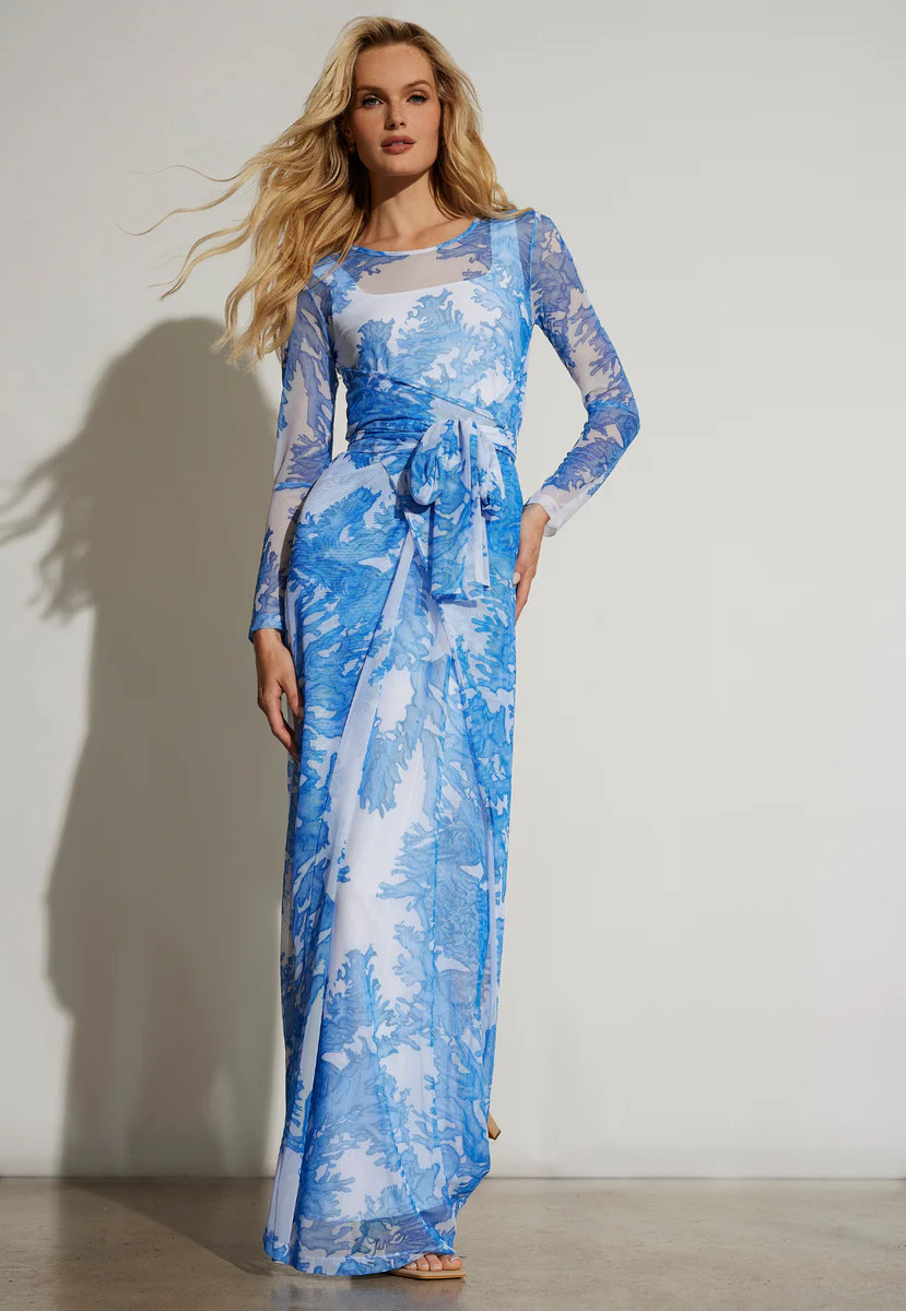 Loren Sheer Mesh Wrap Dress in Blue Coral | Ala von Auersperg
