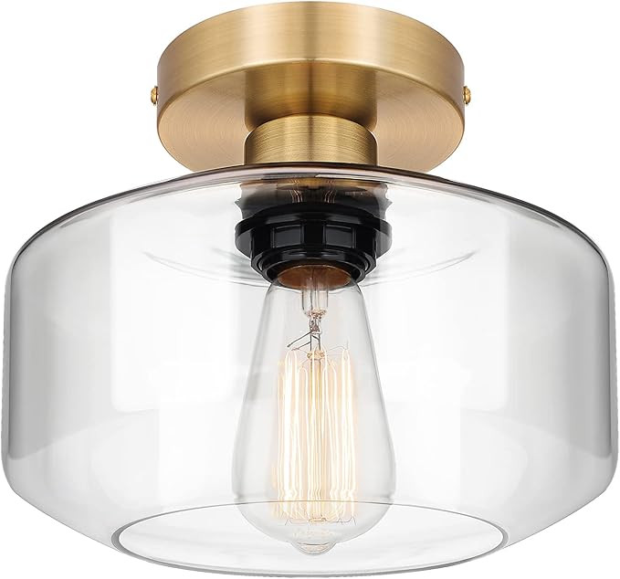 MAXvolador Industrial Semi Flush Mount Ceiling Light Gold, Clear Glass Pendant Lamp Shade, Farmho... | Amazon (US)