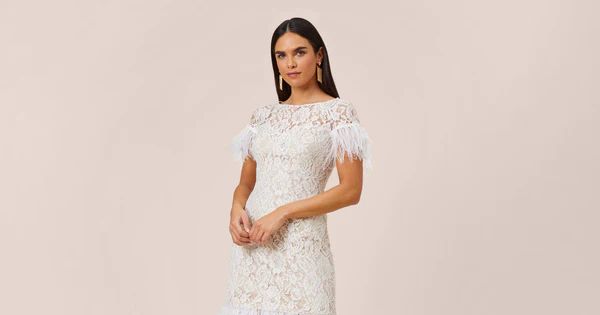 Floral Lace And Feather Trimmed Short Sheath Cocktail Dress In Ivory | Adrianna Papell
