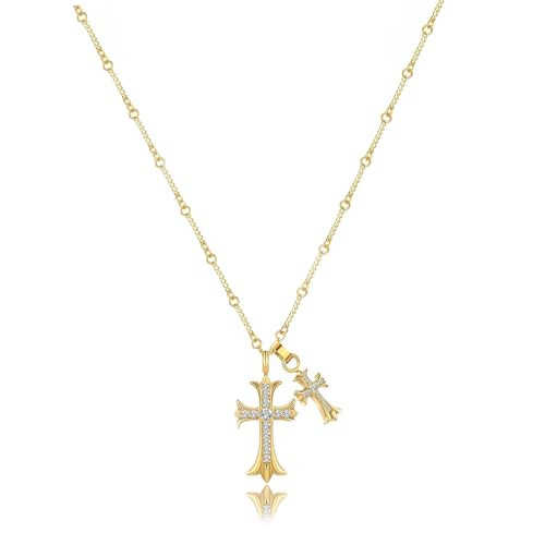 ElegGlo Cross Necklace 14k Gold Plated/Sterling Silver Double Cross Pendant CZ,Cubic Zirconia Cross Necklaces for Women Men Jewelry Birthday Gifts | Amazon (US)