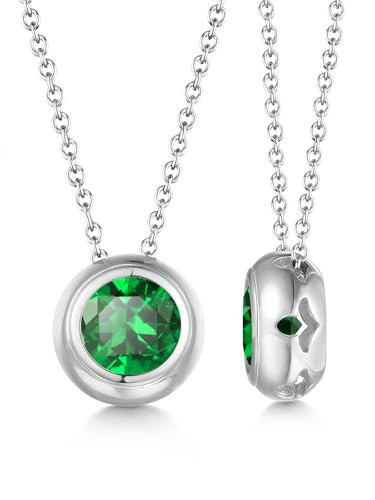 Sparkly Round Emerald Pendant Necklace for Women 925 Sterling Silver Green Solitaire Bezel Necklace | Amazon (US)