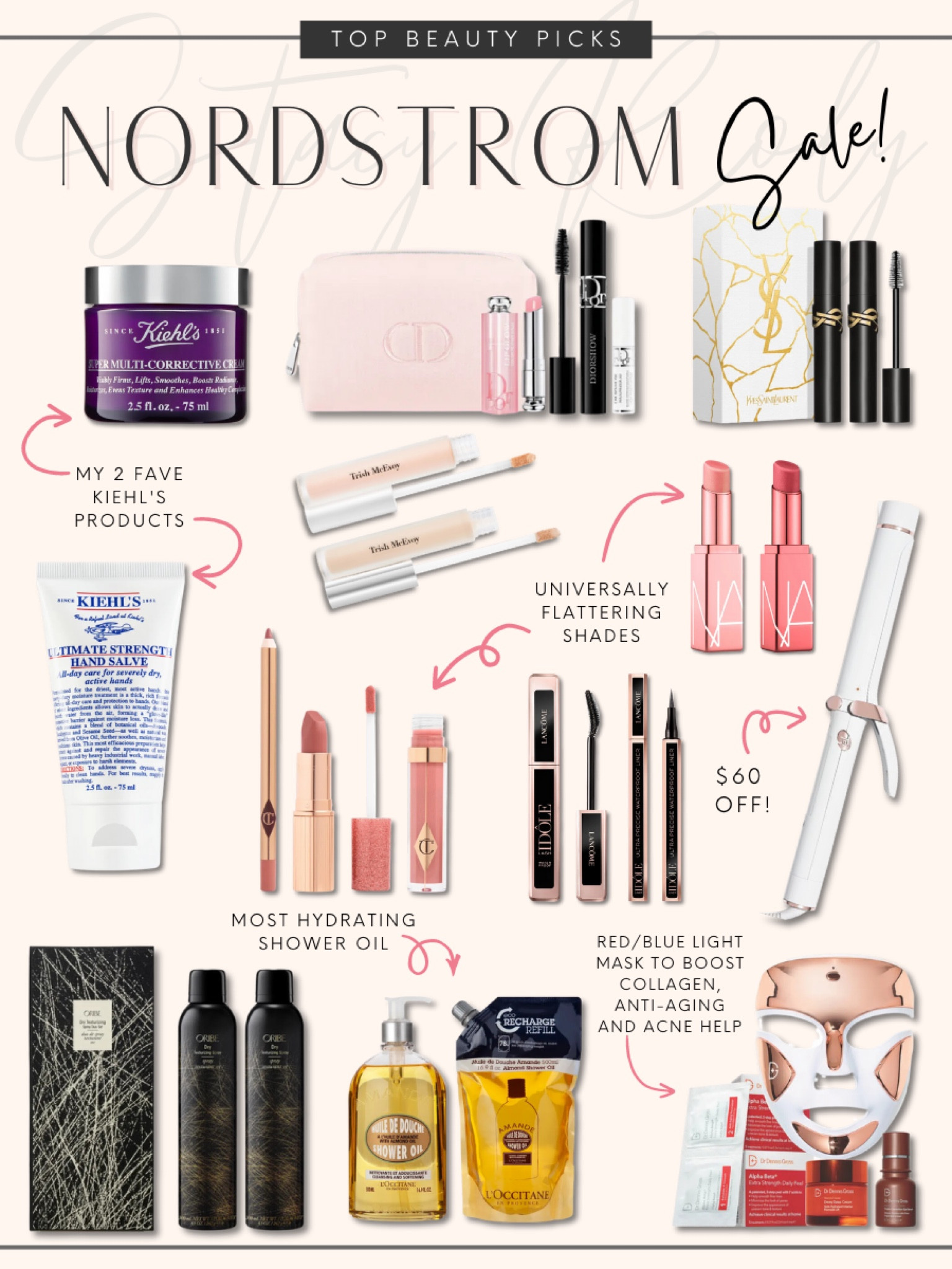 All the beauty sales on these top selling basics.
Oribe texture spray and dry shampoo 
T3 curling iron 
Charolette Tilbury
Dennis Gross light therapy mask 
Lancôme mascara 
Kiehl’s hand cream and corrective moisturizer  

#LTKbeauty #LTKxNSale #LTKunder50