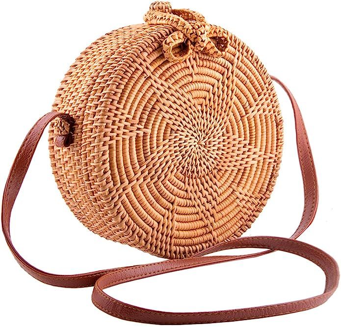 Handmade Round Ata Rattan Bag - Boho Shoulder Straw Bag - Crossbody Purse Women | Amazon (US)
