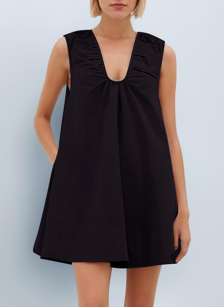 Women's Sleeveless Babydoll Tank Mini Dress Scoop Neck Ruched Bubble Dress with Pockets Short Sum... | Amazon (UK)