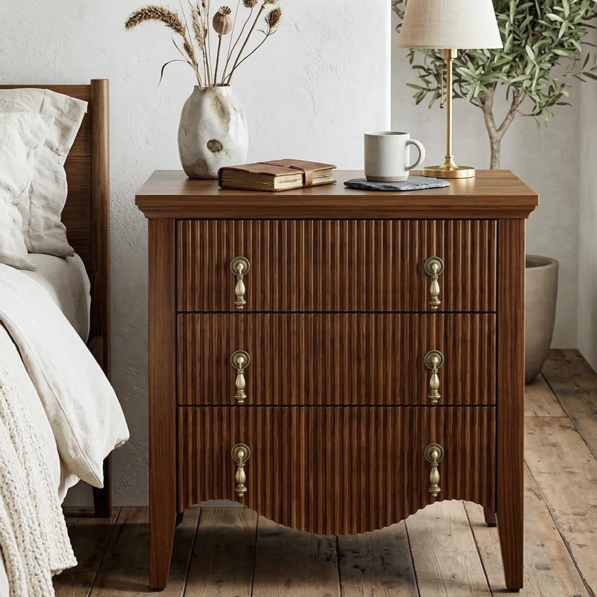 Avenall Nightstand With Charging Station, Vintage Bedside Table With 3 Fluted Drawers And Open Sh... | Wayfair North America