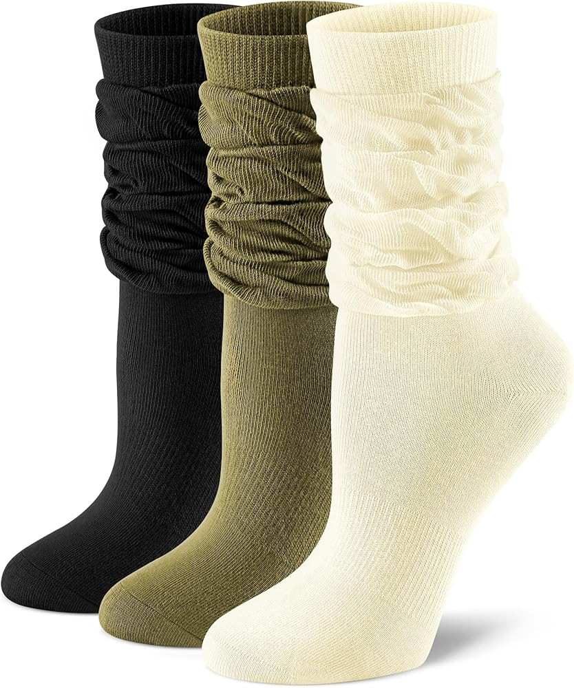 FITRELL Slouch Crew Socks for Women, 3 Pairs Soft Cotton Mid Calf Cute Retro Scrunch Socks | Amazon (US)