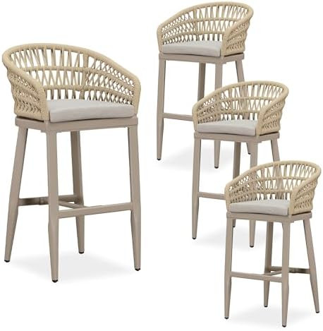 PURPLE LEAF Outdoor Rattan 29" Bar Stools Set of 4, Modern Boho Aluminum Patio Bar Height Chair w... | Amazon (US)