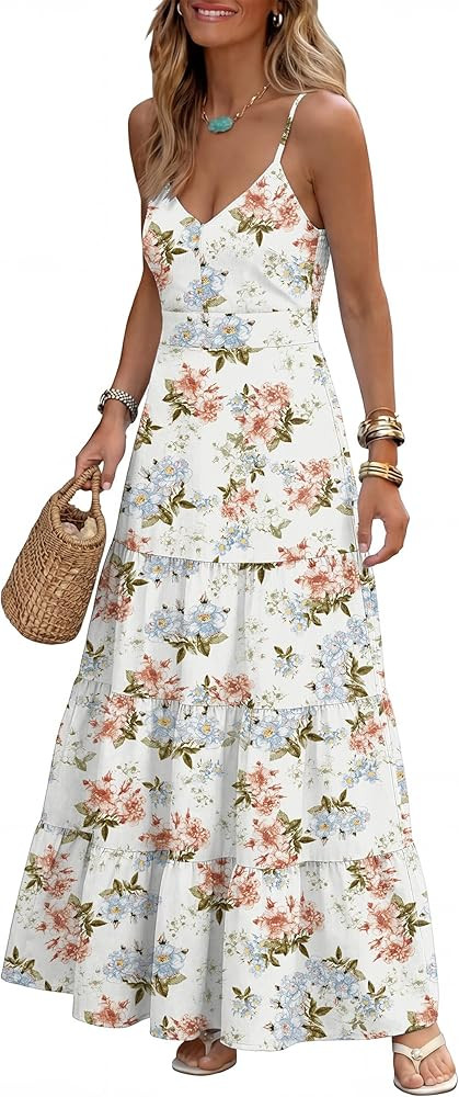 Caracilia Summer Maxi Dresses for Women Spaghetti Strap Back Smocked A Line V Neck Casual Long Dr... | Amazon (US)