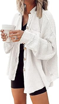 Yanekop Womens Waffle Knit Shacket Boyfriend Shirt Jacket Button Down Blouse Loose Fit Long Sleev... | Amazon (US)