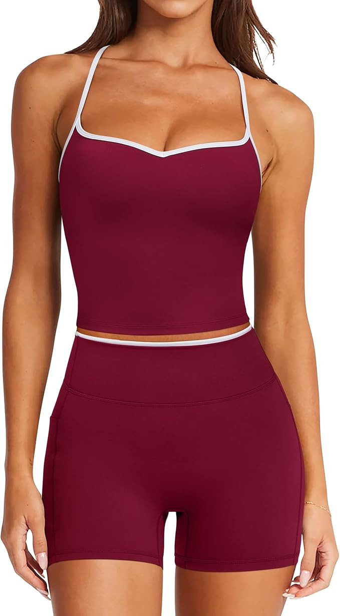 RXRXCOCO Color Block Workout Sets for Women 2 Piece Padded Strappy Tank Tops Hidden Scrunch Booty... | Amazon (US)