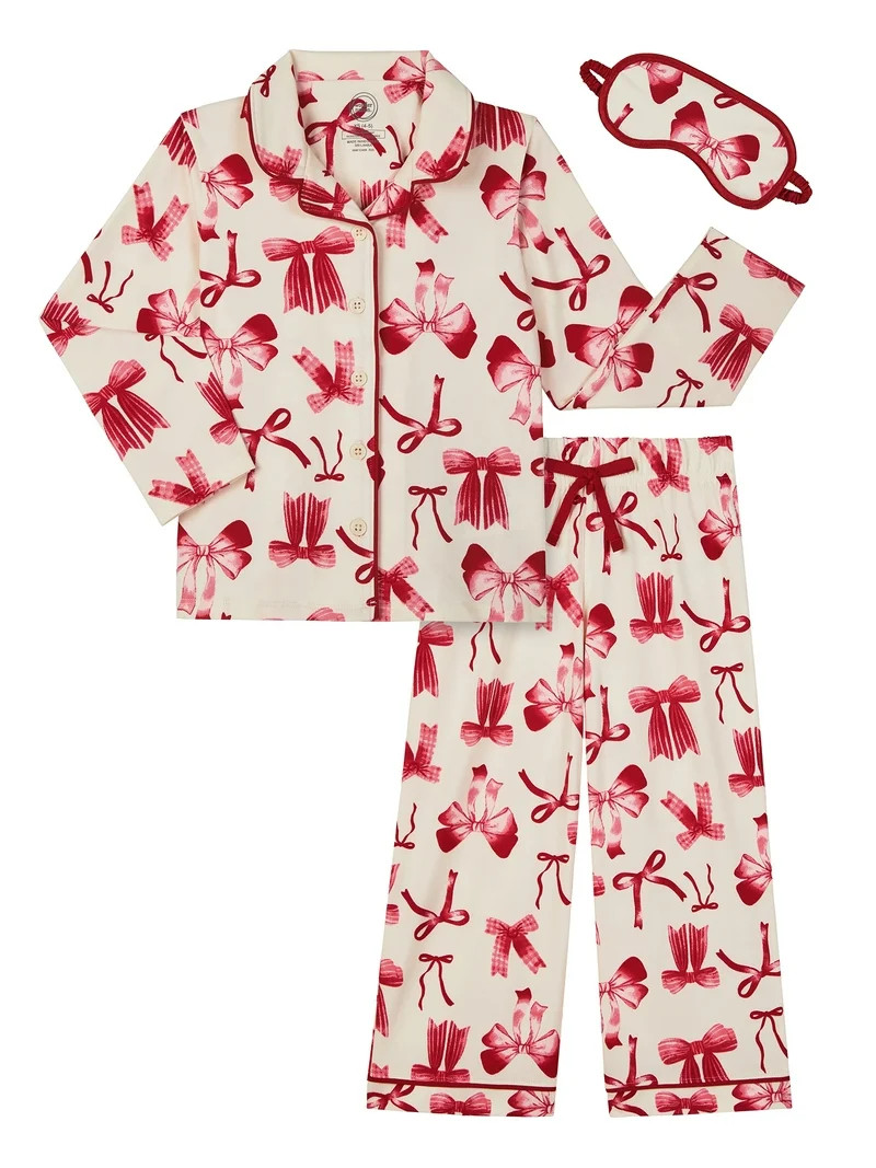 Wonder Nation Girls Long Sleeve Button Front Pajama Top and Pants Set with Eyemask, 3-Piece, Size... | Walmart (US)