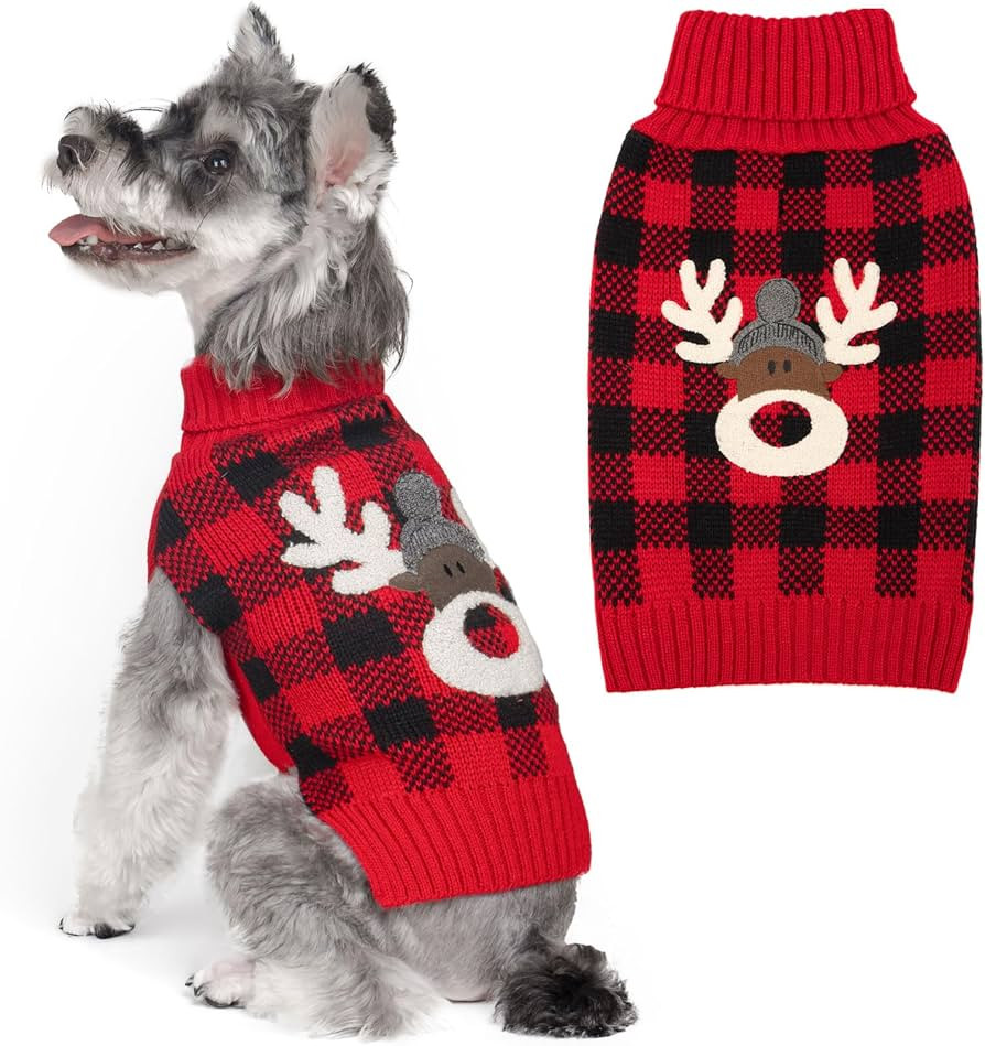 KYEESE Dog Christmas Sweater with Reindeer Pattern, Cozy Holiday Outfit, Turtleneck Dog Sweater f... | Amazon (US)