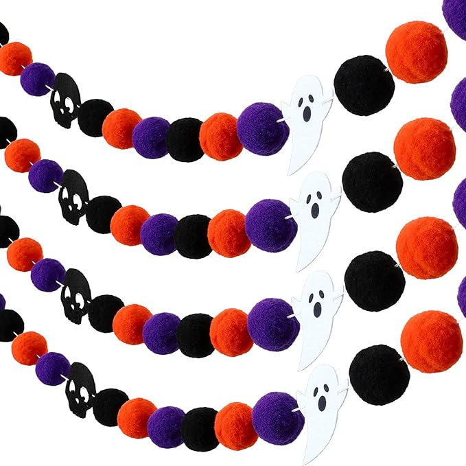 Tatuo 2 Pieces Halloween Felt Ball Garland Pom Pom Garlands Black Orange Purple Ball Banner for H... | Amazon (US)