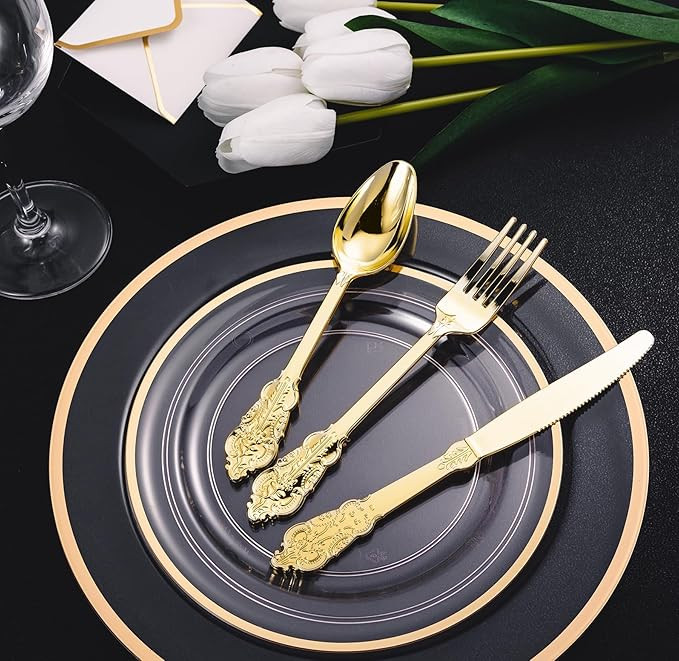 N9R 120pcs Gold Plastic Silverware, Gold Disposable Silverware Include 40 Forks, 40 Spoons, 40 Kn... | Amazon (US)