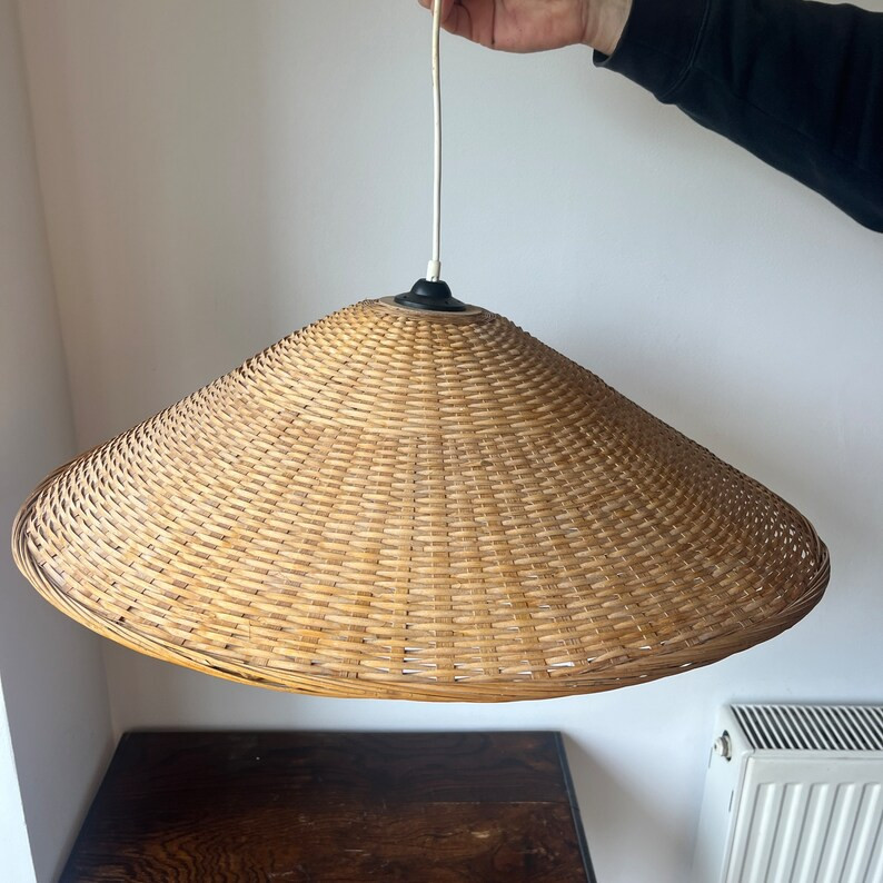 Vintage XL 1970s French Woven Rattan Pendant Light, Wicker Pendant Light, Retro Mid Century Light... | Etsy (UK)