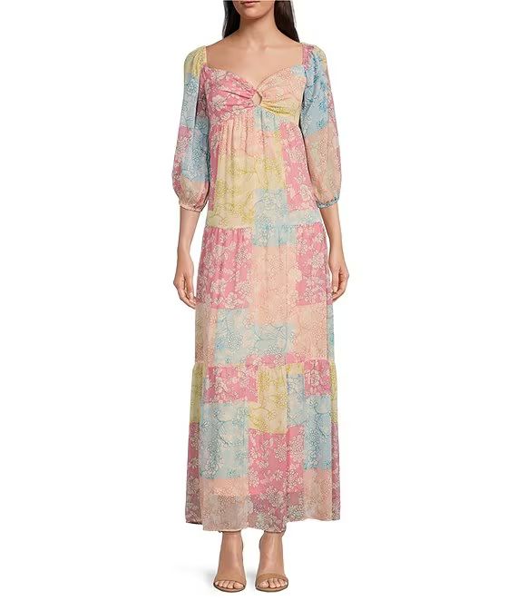 Floral Patchwork Print Sweetheart Neckline Long Sleeve Maxi Dress | Dillard's