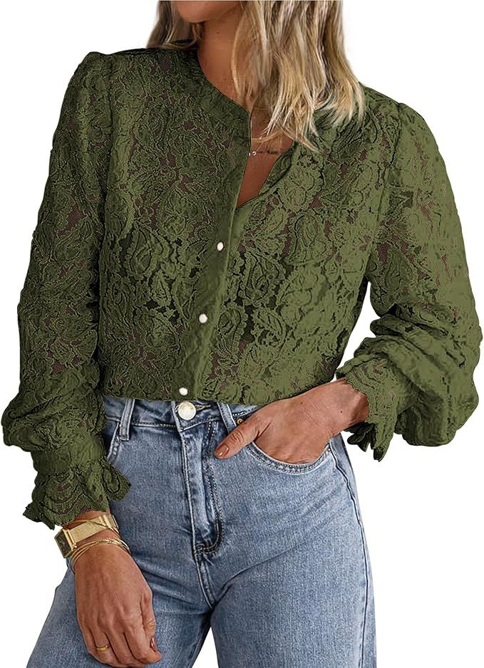 PRETTYGARDEN Women's Dressy Casual Lace Blouse Long Sleeve Button Up Shirts Tops Fall Fashion Clo... | Amazon (US)