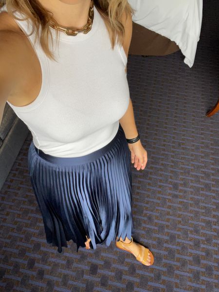 Last day of Achieve fit check. Wearing my midi skirt I wore to the Better Homes & Gardens event, but this time pairing it with a white tank type and sandals because fall in Texas is hot. This skirt is true to size.

#LTKover40 #LTKtravel