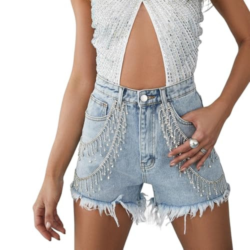 Eofnengsohio Women's Rhinestone Denim Shorts High Waist Baggy Raw Hem Stretchy Streetwear Jeans Casual Shorts (Light Blue, M) | Amazon (US)