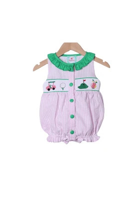 Smocked Golf Pink Seersucker Ruffle Bubble | The Smocked Flamingo