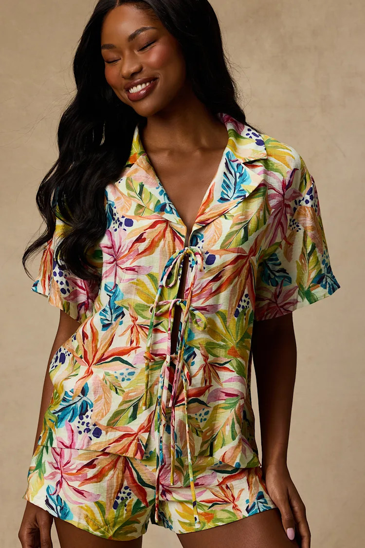Talise Ivory Multi Tropical Print Tie-Front Collared Top | Lulus
