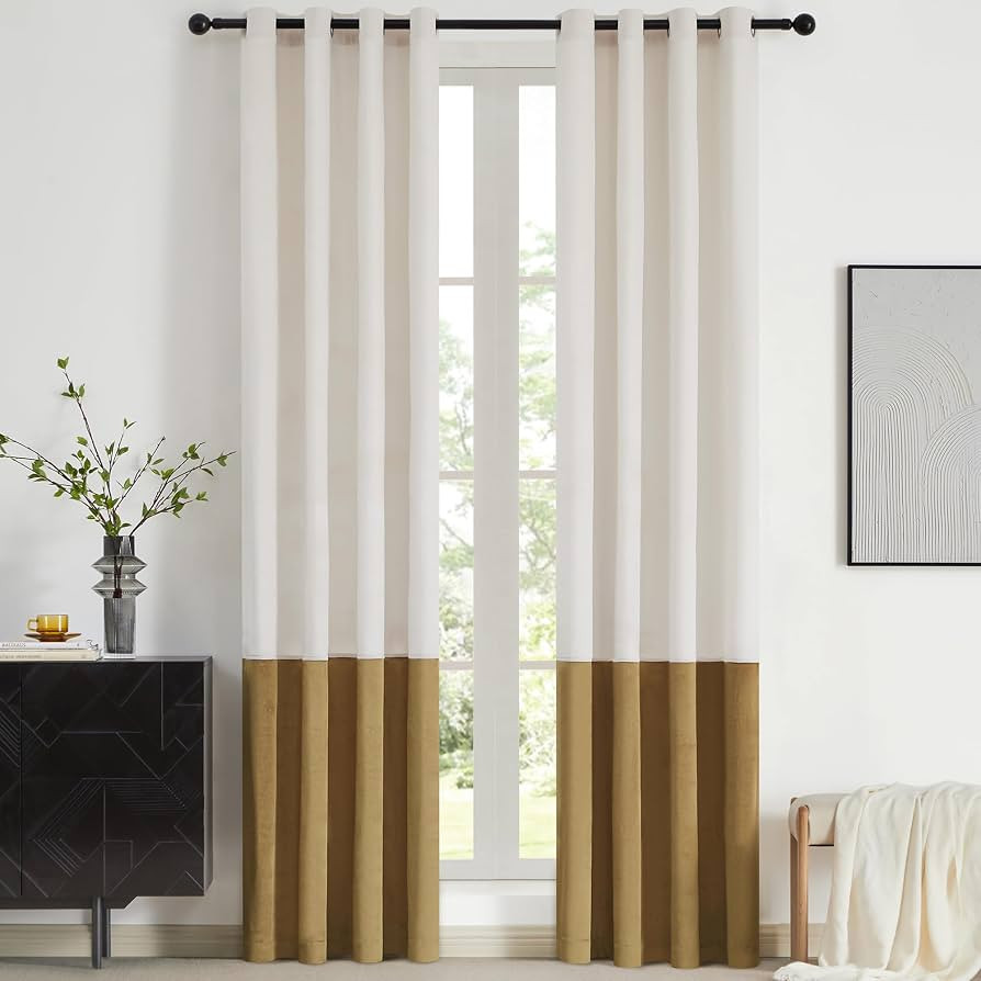 BULBUL Color Block Window Curtains Panels 84 inches Long Cream Ivory Gold Velvet Farmhouse Drapes... | Amazon (US)