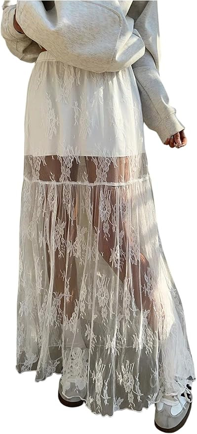 GORGLITTER Women's Lace Maxi Skirt High Waisted Sheer Mesh Ruffle Hem Flowy A Line Long Pencil Sk... | Amazon (US)