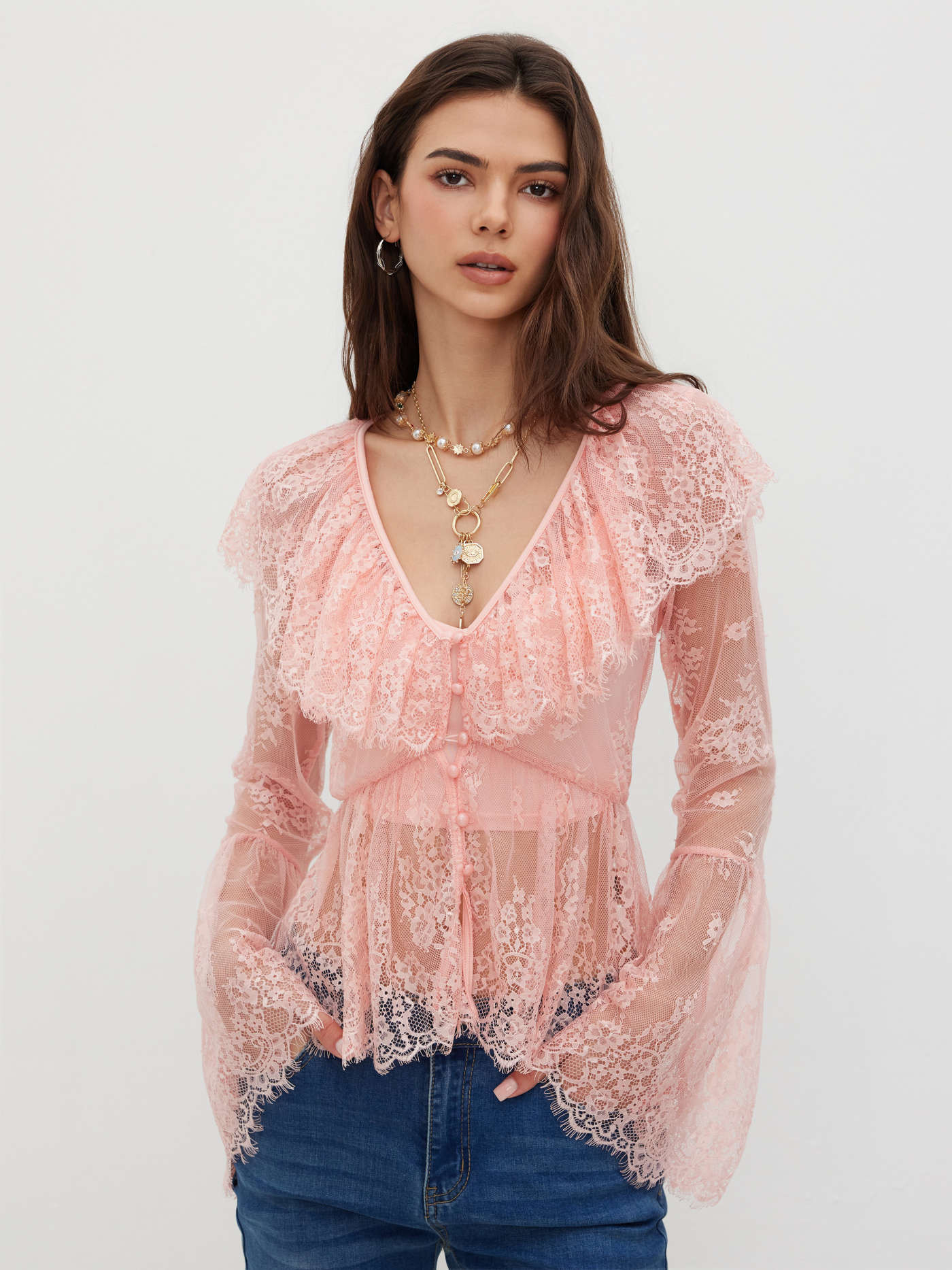 Lace Two Pieces Lace Ruffle Hem Blouse With V-neck Cami Top For Daily Casual | Cider