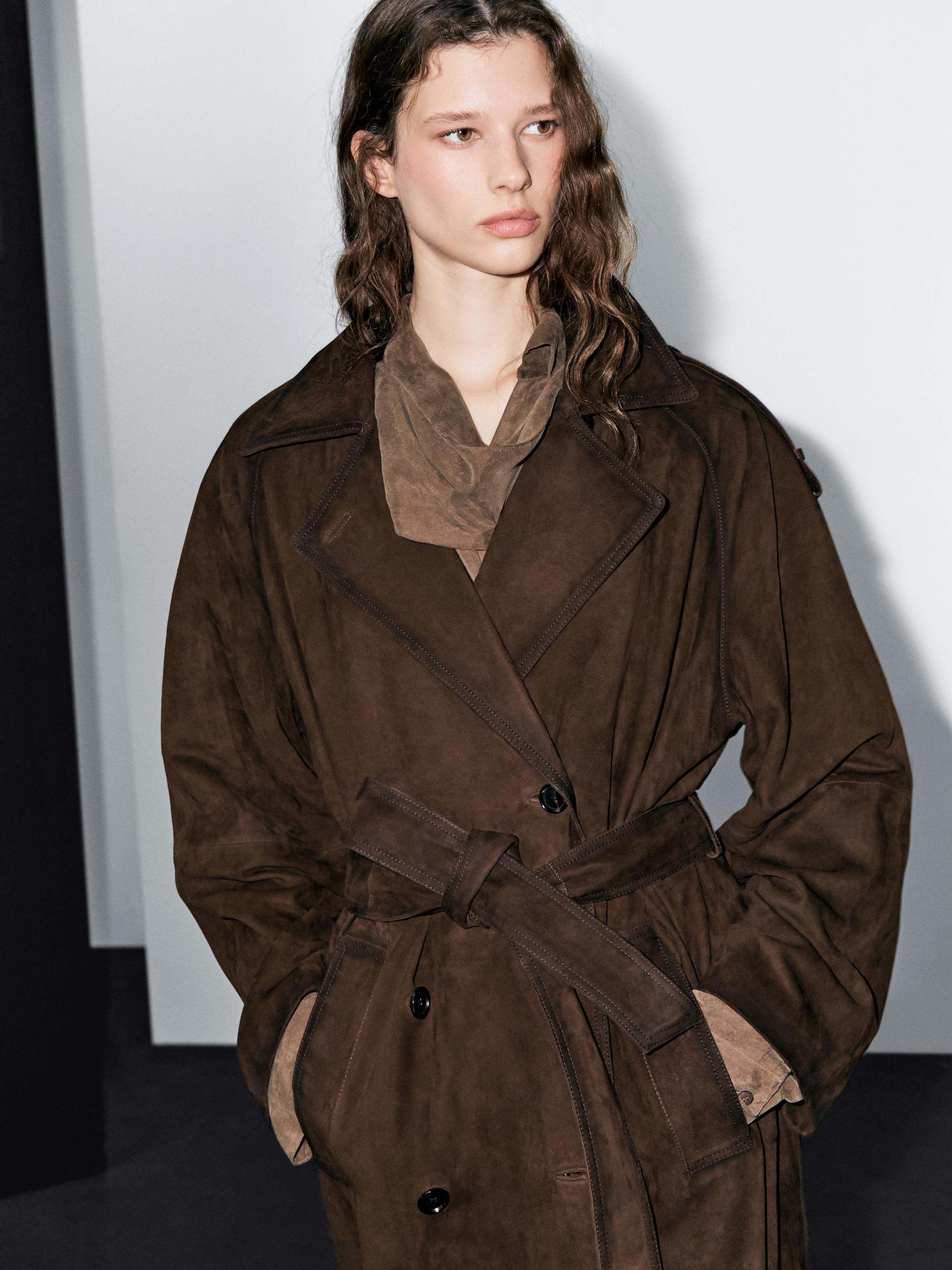 Long suede leather trench coat | Massimo Dutti UK