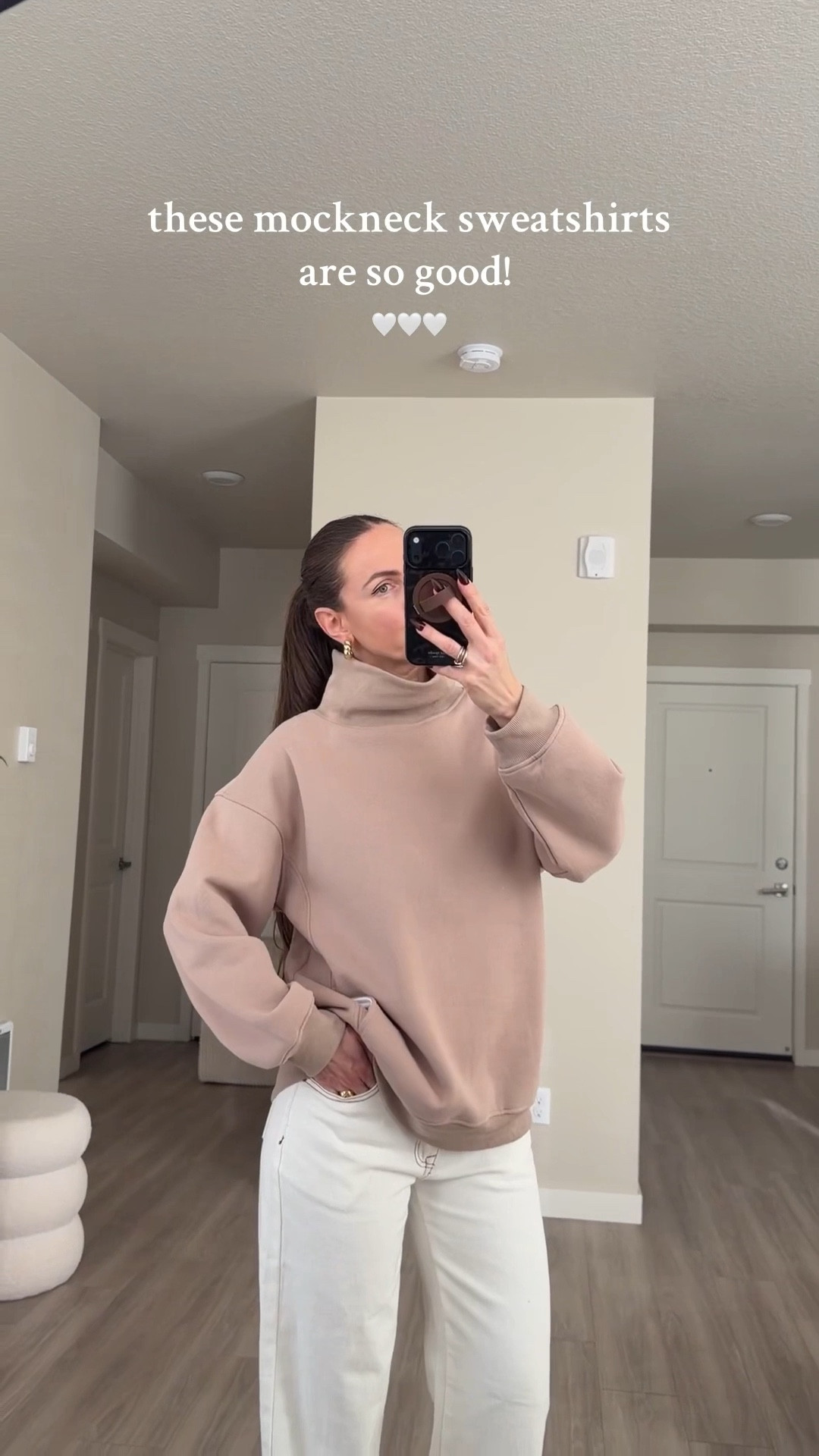 funnel neck sweater.  i'm 5'7 and wearing medium 

got it in four colors to try on .  many more colors available #funnelnecksweater #mocksweater #oversizedsweater