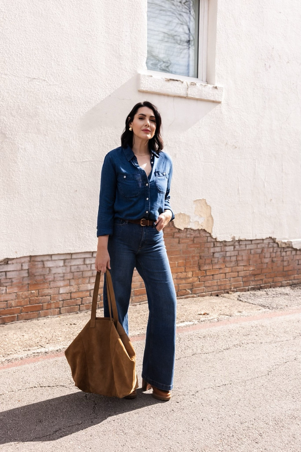 Classic double denim look! I am in the large of the top -- runs snug! Size up if in between sizes, but overall a TTS fitted top. I'm in the 30 of the jeans, TTS fit with stretch! Under $100 jeans.
 

 