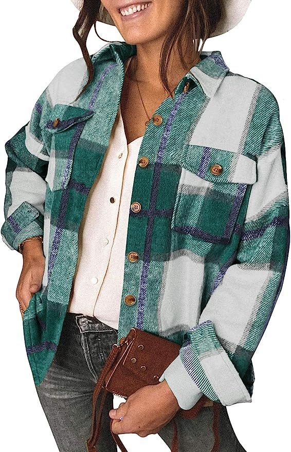 DOROSE Women's Long Sleeve Button Down Plaid Flannel Shirt Jackets Coats | Amazon (US)