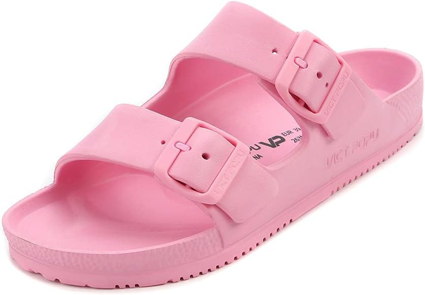 VICT POPU Womens Sandals Adjustable Double Buckle Strap Waterproof EVA Flat Slides | Amazon (US)