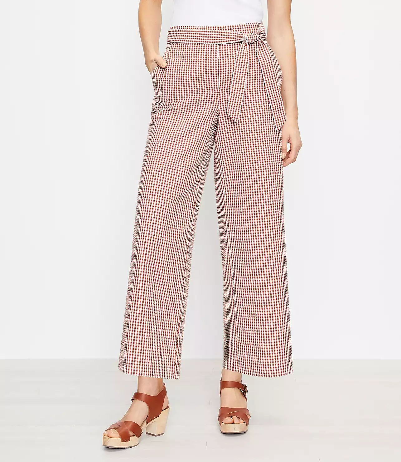 Tie Waist Pull On Wide Leg Pants in Gingham | LOFT