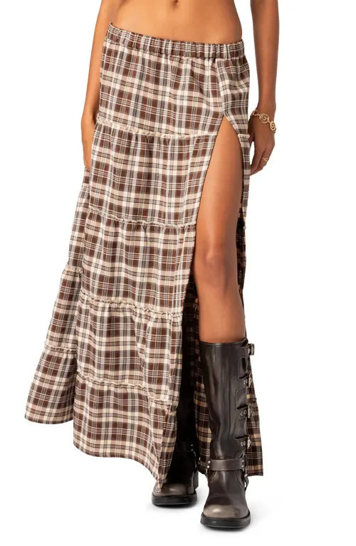EDIKTED Plaid Tiered Side Slit Maxi Skirt in Brown at Nordstrom, Size Small | Nordstrom