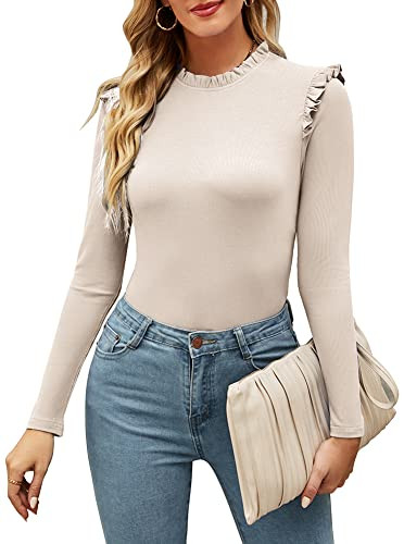 Womens Long Sleeve Bodysuits Stand Collar Slim Fit Frilled Ruffles Shoulder Ribbed Leotards Tops | Amazon (US)