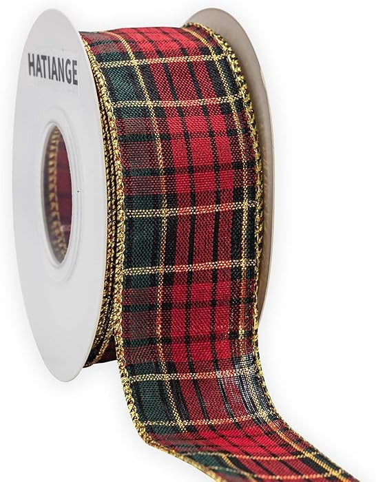 HATIANGE Cinta de Navidad a cuadros con bordes dorados, 1-1/2 pulgadas x 11 yardas, verde, rojo, ... | Amazon (US)