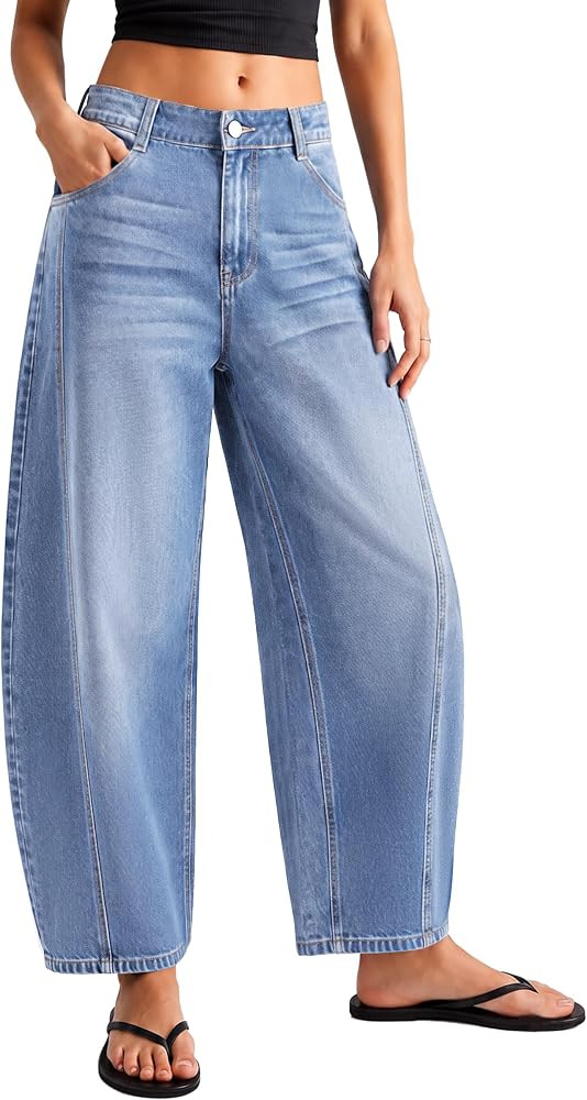 IWH Women's Barrel Jeans Baggy Mid Rise Wide Leg Denim Ankle Pants | Amazon (US)