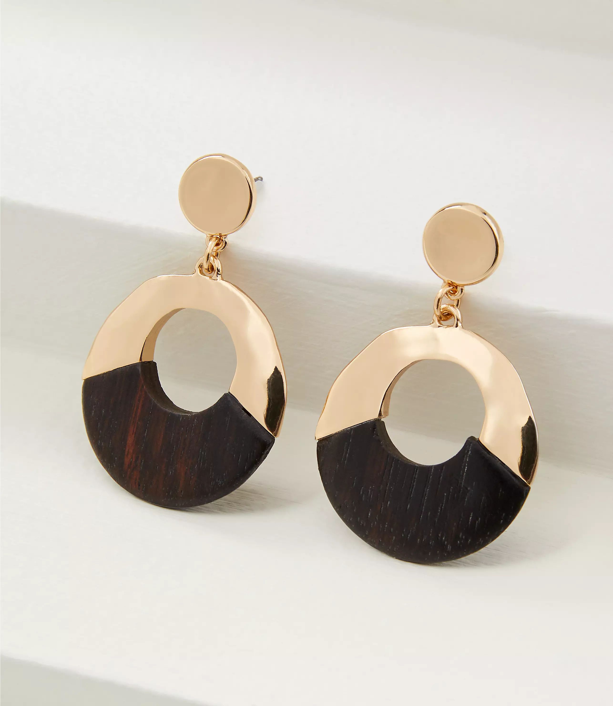 Wood & Metal Circle Drop Earrings | LOFT