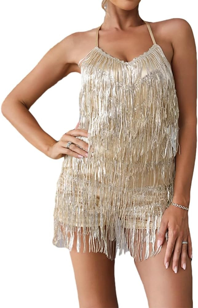 Women Halter Tassel Fringe Romper Layered Fringe Mini Dress Sexy Backless Short Jumpsuit Playsuit... | Amazon (US)