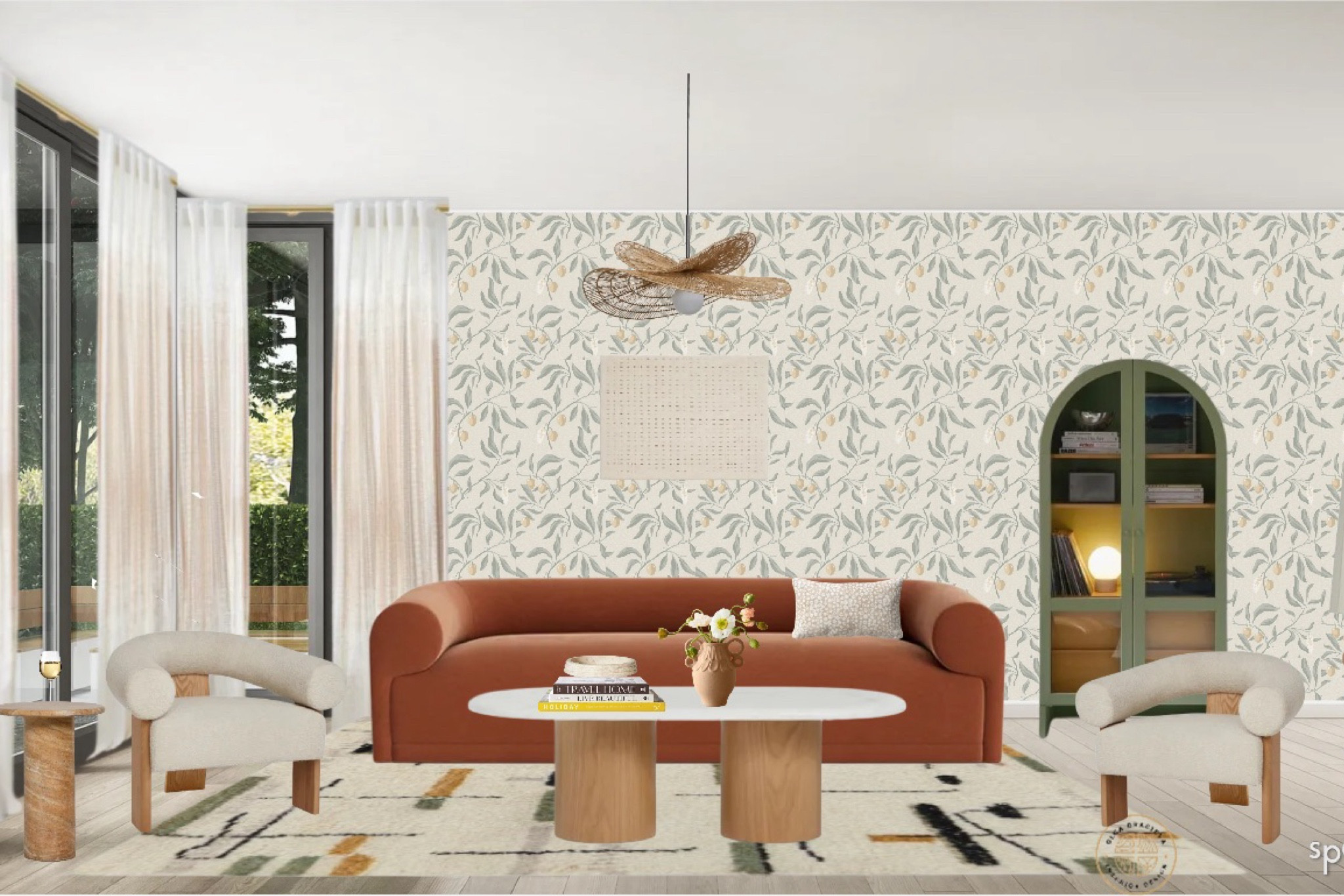 Gorgeous living room design/moodboard, sofa from Lulu & Georgia, oval coffee table, wool abstract rug, storage cabinet, floor lamp, rattan pendant, accent chairs, side table, floral wallpaper. #livingroom #interiordesign #homedecor

#LTKHome #LTKSeasonal #LTKStyleTip