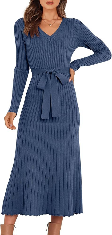 ANRABESS Women's Sweater Dress 2023 Long Sleeve V Neck Tie Waist Slim Fit Elegant Ribbed Knit Bod... | Amazon (US)