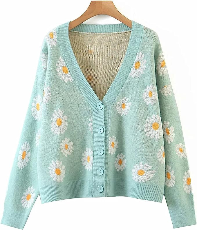 Women Y2K Floral Print Knit Cardigan Sweater Long Sleeve V Neck Button Down Sweater Vintage Aesth... | Amazon (US)