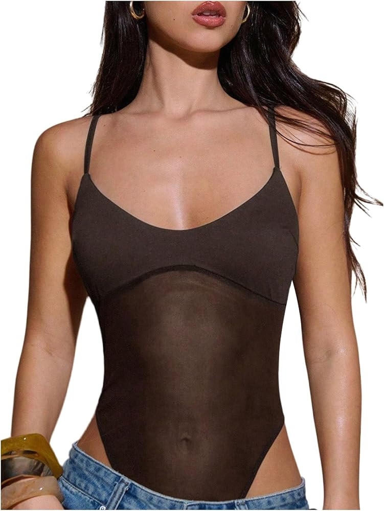 Verdusa Women's Sheer Mesh Bodysuit Sleeveless Going Out Leotard Tops Date Night Outfit | Amazon (US)