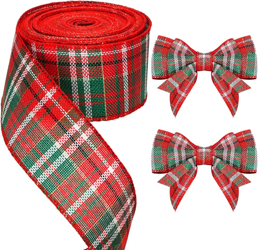 2-1/2" Tartan Wired Burlap Ribbon, 11 Yards Buffalo Plaid Burlap Ribbon, Red Green Gingham Ribbon... | Amazon (US)