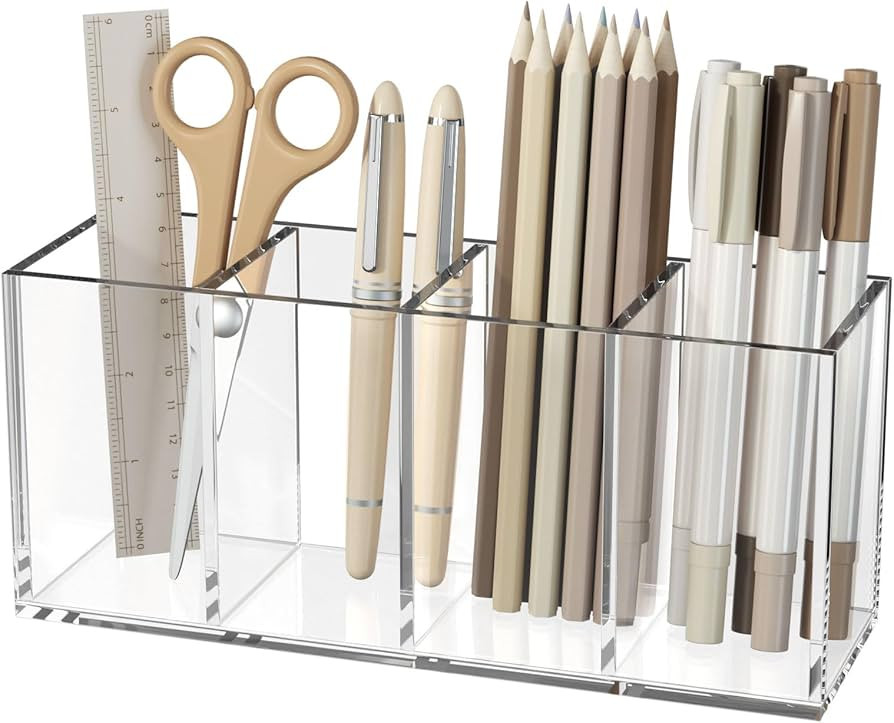 NIUBEE Acrylic Pen Holder 4 Compartments, Clear Pencil Organizer Cup for Countertop Desk Accessor... | Amazon (US)