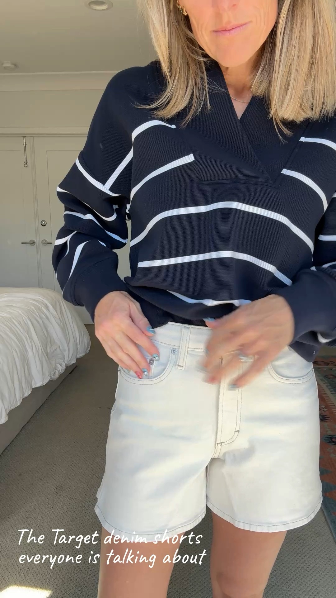 The A line denim shorts from target that are seriously the perfect fit especially if you like a little length and coverage in the back. The A line fit is super flattering. I’m wearing a size 2. Available in multiple denim washes including this cream color. 

#TargetFINDS #DenimShorts #Jeans #SpringOutfits #TargetStyle #LongDenimShorts ￼

#LTKOver40 #LTKmomlife #LTKSeasonal