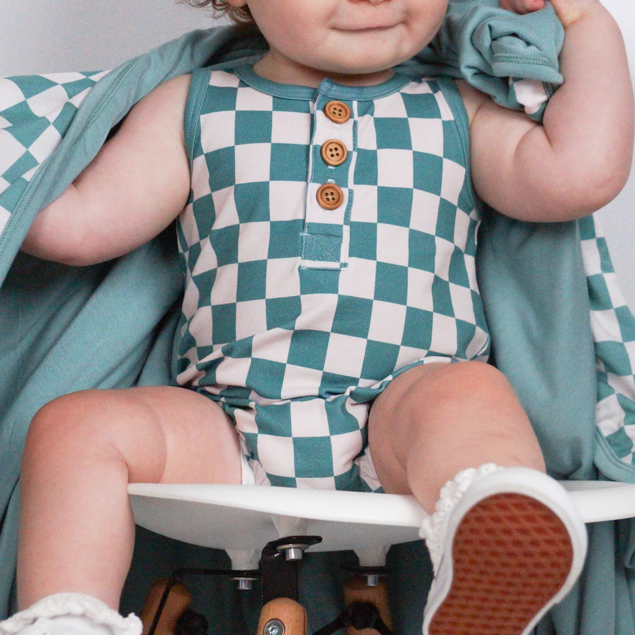 ORGANIC COTTON HENLEY ROMPER- Sage Check | millie + roo
