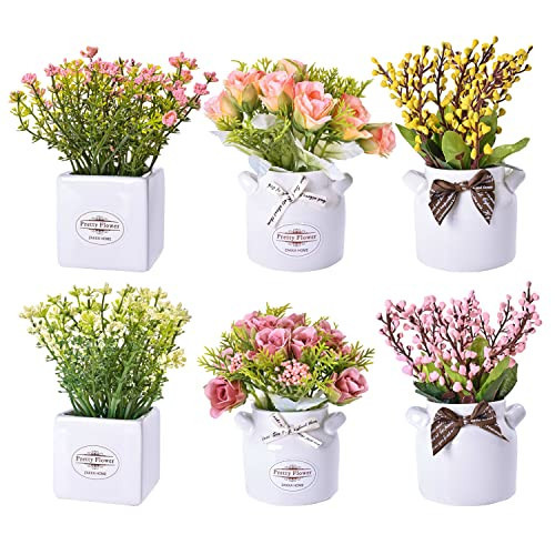 LUEUR 6Pcs Artificial Flowers with Ceramic Pot Fake Flower Arrangements Small Faux Spring Flowers in Vase Spring Decor, Centerpiece Table Decorations for Easter Home Farmhouse Office Shelf | Amazon (US)